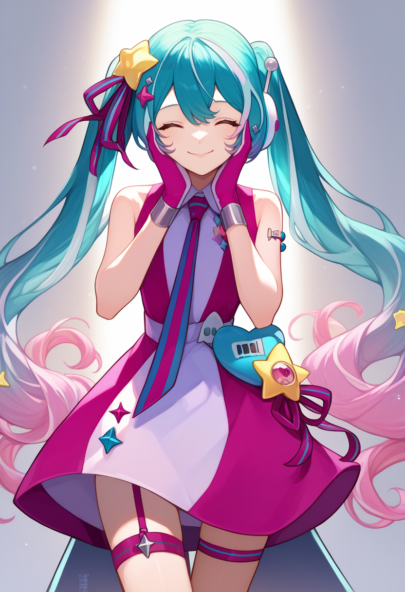score_9, score_8_up, score_7_up, solo, 1girl, magicalmiku2022, smile, looking at viewer, hands on own cheeks, gradient hair, aqua hair, pink hair, twintails, star hair ornament, hair ribbon, striped ribbon, headphones, closed eyes, pink dress, collared dress, sleeveless dress, pink necktie, pink gloves, thigh strap, bare shoulders <lora:vocaloid_magicalmiraimiku2022_ponyXL:1>