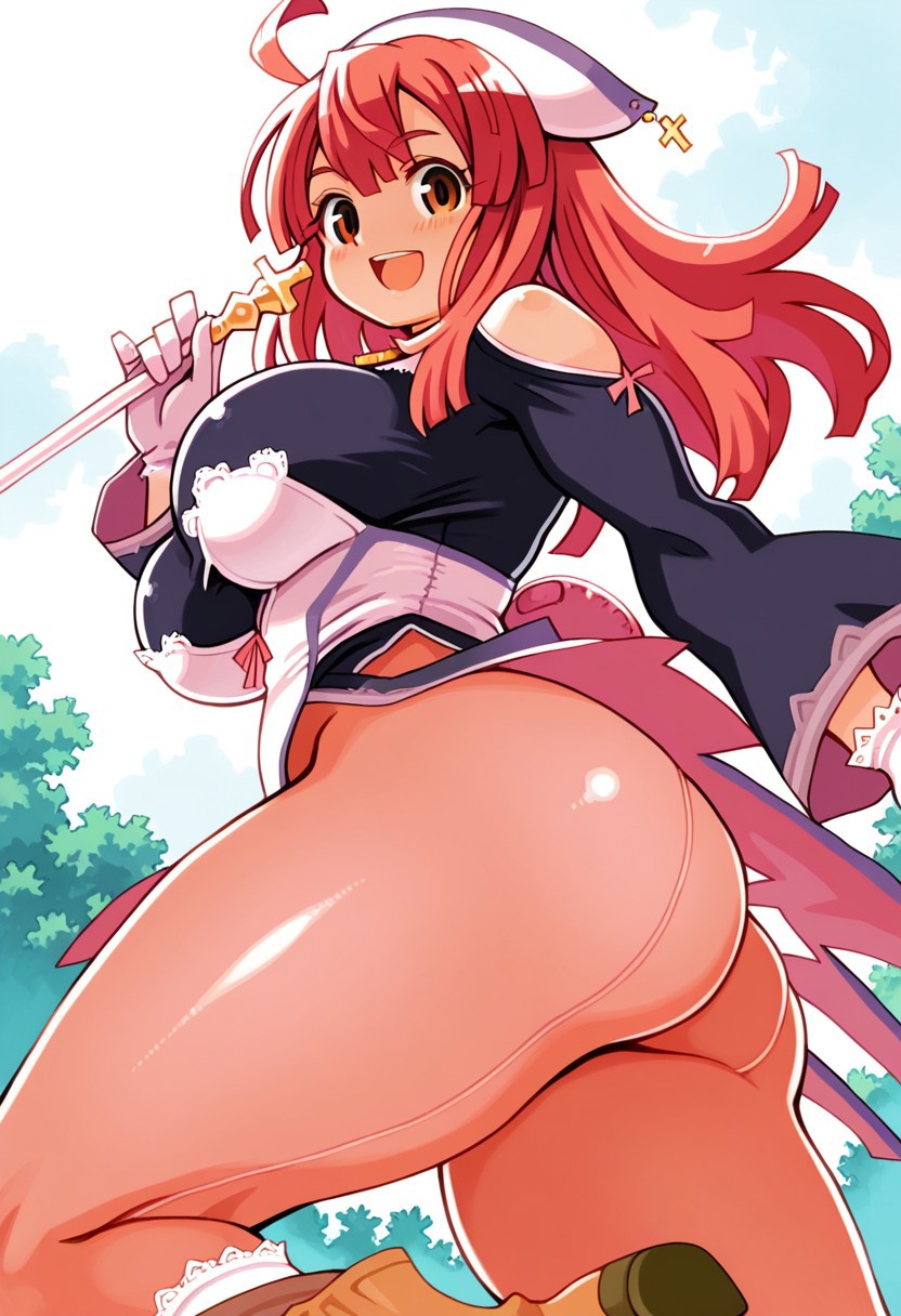 ryoji_(nomura_ryouji),masterpiece,anime_coloring,anime_clothing,amazing_quality, 1girl, Priere_La Pucell, dress, large breasts, ahoge hat pantyhose gloves, footwear, short boots , thighs,solo,blush cheek,light smile,open mouth,shiny skin,close-up,dynamic pose,from_side,Holding the baton in hand,outdoor,