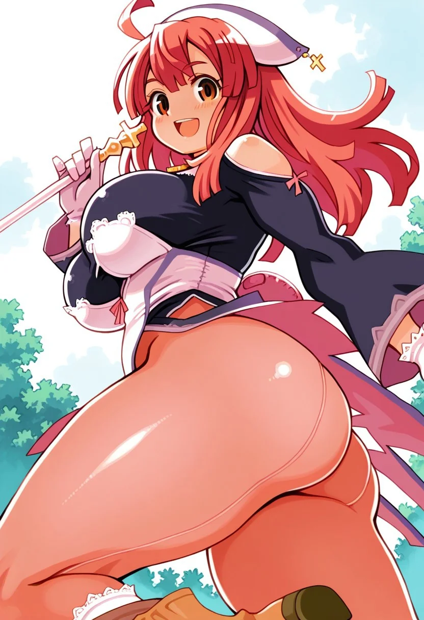 ryoji_(nomura_ryouji),masterpiece,anime_coloring,anime_clothing,amazing_quality, 1girl, Priere_La Pucell, dress, large breasts, ahoge hat pantyhose gloves, footwear, short boots , thighs,solo,blush cheek,light smile,open mouth,shiny skin,close-up,dynamic pose,from_side,Holding the baton in hand,outdoor,