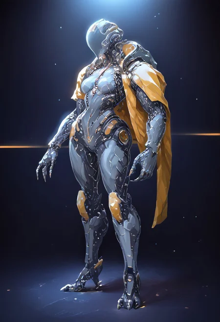 fallen empire technology , blank metallic face((( robot)))(stunning, magnificent, HD, photorealistic, dramatic lighting, intricate details, armor beautiful patterns, realistic , mythical, legendary, powerful, cinematic,, masterpiece, perfect anatomy, perfect composition, perfect hand, (beautiful detailed eyes:1.2), (soft colors)) , glowing red core right on chest armor, armor highly detailed patterns on armor), , full body fits into the image, full body visible, ), claws, gauntlet, digital illustration of a futuristic, armored humanoid figure. The subject is dressed in a highly detailed, dark, and bulky exosuit with intricate mechanical components and white accents. The suit features various textures and layers, including a cloak-like garment with angular, geometric shapes.((dead space)))futurenijiimadness, mass effect game, science fiction, lens flare, slightly long neck, big cables on body, robot, big cables on body<lora:ECHANIS:0.8>digitigrade, curvy,