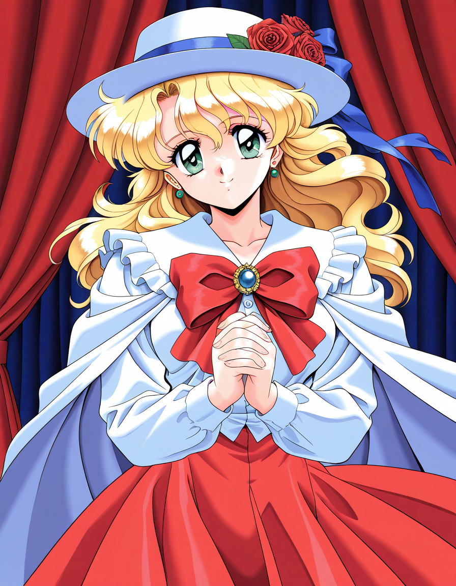 general,highres, ultra-detailed,very aesthetic,best quality ,best hands,  BREAK <lora:Itou_Kaori_IS:1>Itou_Kaori, blonde hair, long hair, large breasts, earrings, green eyes, BREAK,
1girl, hat, solo, flower, hat flower, game cg style, bow, rose, cape, looking at viewer, smile, skirt, brooch, ribbon, long sleeves, frills, red skirt, curtains, shirt, red bow, 1990s (style), bowtie, dress,