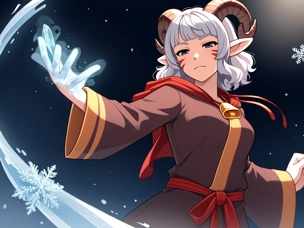 <lora:whisker_markings:0.8>red whisker_markings ,dark background, solo,<lora:cryokinesis:0.8> ice_mist:1.6, breath,  blue aura on hand:1.4, spotlight, frost hands:1.4, cryokinesis, ice dust, magic, frost, ice, from below, soruce_anime, 
source_furry, score_7_up, rating_safe,  gold necklace, tiefing, short pointed ears, brown horns, (a pair of brown sheep Horns that begin at her temples and curve back: 1.5), bangs, long silver hair long wavy hair, pale skin, ,short pointy ears, purple eyes, <lora:age_slider_v4:0.6>   medium breasts, skinny female, silver hair, <lora:Tieflingnew weird fantasyDND:0.3> Tiefling, pointed ears, horns, half-closed eyes<lora:Smooth Style 2 SDXL_LoRA_Pony Diffusion V6 XL:0.4> bell, robe, hood off, fighting stance,