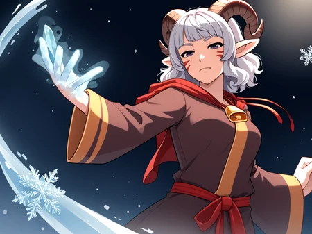 <lora:whisker_markings:0.8>red whisker_markings ,dark background, solo,<lora:cryokinesis:0.8> ice_mist:1.6, breath, blue aura on hand:1.4, spotlight, frost hands:1.4, cryokinesis, ice dust, magic, frost, ice, from below, soruce_anime,
source_furry, score_7_up, rating_safe, gold necklace, tiefing, short pointed ears, brown horns, (a pair of brown sheep Horns that begin at her temples and curve back: 1.5), bangs, long silver hair long wavy hair, pale skin, ,short pointy ears, purple eyes, <lora:age_slider_v4:0.6> medium breasts, skinny female, silver hair, <lora:Tieflingnew weird fantasyDND:0.3> Tiefling, pointed ears, horns, half-closed eyes<lora:Smooth Style 2 SDXL_LoRA_Pony Diffusion V6 XL:0.4> bell, robe, hood off, fighting stance,