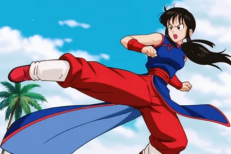 source_anime, score_9, score_8_up, score_7_up, anime screencap,8k, absurdres,
chi-chi, aged up, 1girl, solo, open mouth, bangs, black hair, blue dress, ponytail, sidelocks, outdoors, sky, sleeveless, day, red pants, cloud, blunt bangs, black eyes, tree, blue sky, sleeveless dress, chinese clothes, cloudy sky, red wristband, china dress, palm tree, kicking, speed lines, (midair), incoming attack, looking at another, floating clothes, clenched hand, world martial arts tournament arena, shoe soles, red sash, white leg warmers, shoes, floating hair
<lora:chichidb_pony_v2:0.8>