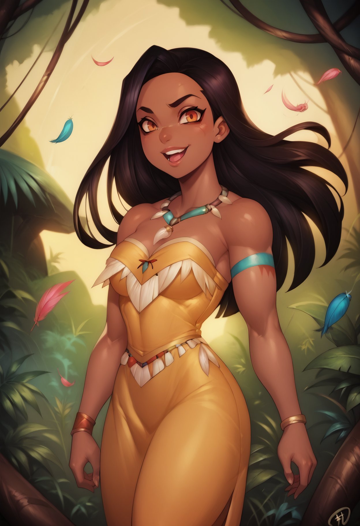 score_9, score_8_up, score_7_up, score_6_up, filemonte-dh, BREAK, dutch angle, looking at viewer, happy, PocahontasXLP, dark skin, long hair, necklace, strapless, dress, feathers, jungle <lora:add-detail-xl:0.5> <lora:Artist_Style_-_Filemonte_PDXL:0.8>   <lora:PocahontasXLP_character:0.7>