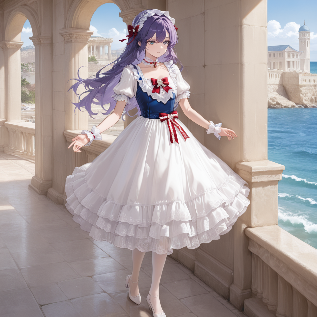 Positive: Masterpiece, best quality, amazing quality, very aesthetic, high resolution, ultra-detailed, absurdres,
1girl, solo, 
cantarellaWuwa,
purple hair, blue eyes, long hair,
blue top white skirt red accented lace bow dress,
blue vest,white dress,red bow,puffy short sleeves,frilled dress,lace trim,apron,wrist cuffs,choker,lace,frills,
hair bow,
white pumps with bow,white_pantyhose, 
full_body,walking, arms extended horizontally at shoulder height with relaxed palms, 
outdoors,sea,flower,White buildings, Greek architecture, domed structures,  Mediterranean vibe, stone textures, coastal scenery