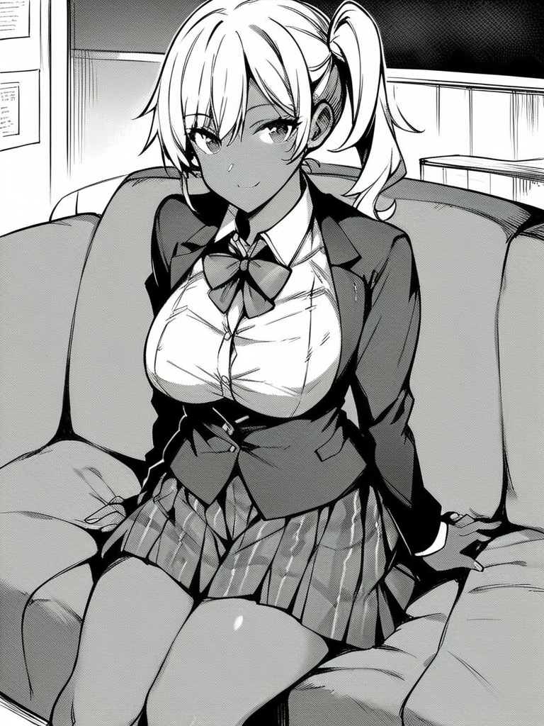 score_9, score_8_up, score_7_up, 
1girl, monochrome, dark-skinned female, white hair, side ponytail, large breasts, 

school uniform, blazer, bowtie, plaid skirt, sitting, couch, smile, looking at viewer,