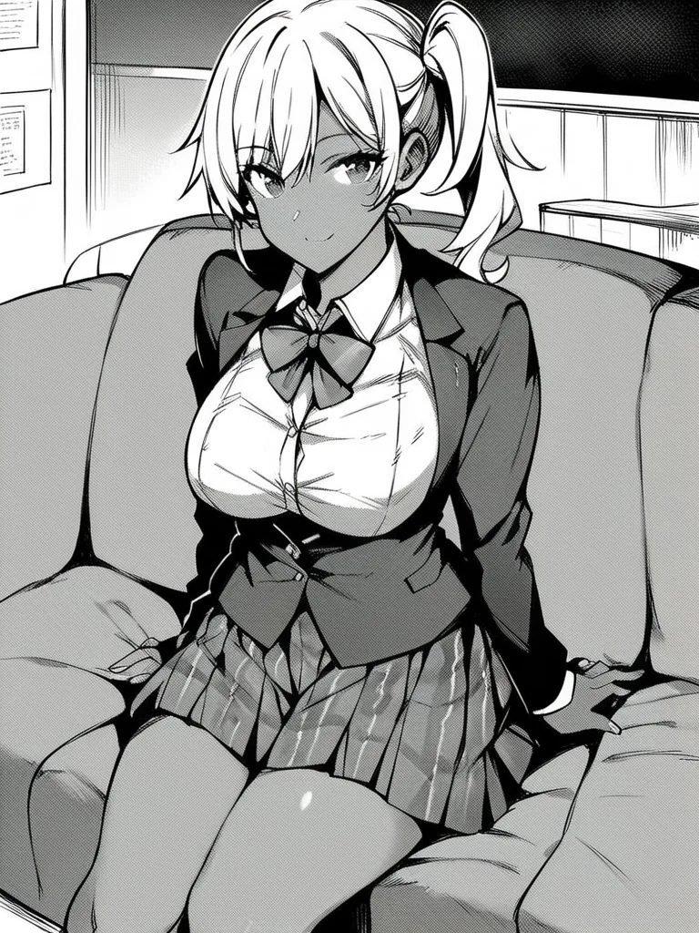 score_9, score_8_up, score_7_up,
1girl, monochrome, dark-skinned female, white hair, side ponytail, large breasts,
school uniform, blazer, bowtie, plaid skirt, sitting, couch, smile, looking at viewer,