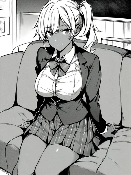 score_9, score_8_up, score_7_up,
1girl, monochrome, dark-skinned female, white hair, side ponytail, large breasts,
school uniform, blazer, bowtie, plaid skirt, sitting, couch, smile, looking at viewer,
