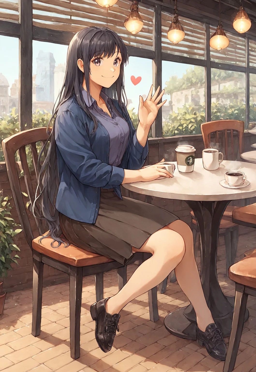 safe_pos, score_9, score_8_up, score_7_up, score_6_up, score_5_up, score_4_up, high quality, high detail, best quality, BomBom, 1girl, shirt, skirt, smile, long hair, smile, looking at viewer, shoes, black hair, <3, waving, cafe, coffee, table, sitting, chair