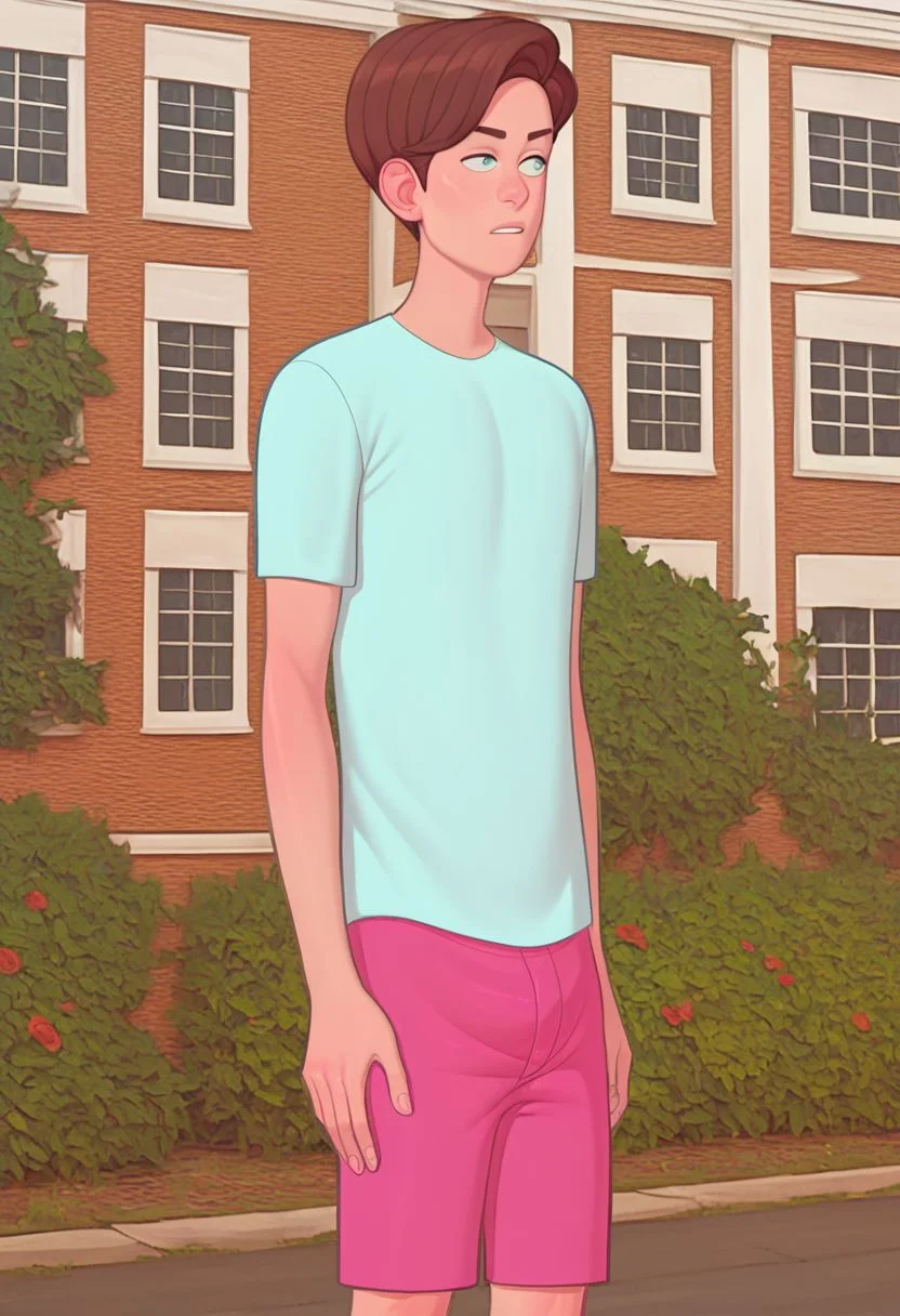 Score_9_up, score_8_up, score_7_up, 1boy, solo, chrismc, brown hair, pink shorts, blue shirt