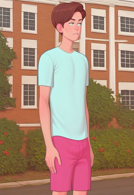 Score_9_up, score_8_up, score_7_up, 1boy, solo, chrismc, brown hair, pink shorts, blue shirt