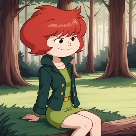 score_9, solo, brattina, red hair, jacket, skirt, smirk, sitting, forest, cute, grass, natural lighting, tree