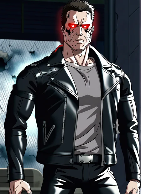 <lora:terminator2_t800:1>terminator2_t800,2ts hair,black leather jacket,glowing red eyes,gray shirt,looking at viewer,detailed,4k,black leather pants,male,man,adult,destroyed city background,anime style,mature man,anime screencap, broken skin,muscular,made of metal, robot joints, damaged face, <lora:T800_Endo_Terminator_Pony:0.70> <lora:Anime_Screencap:1>