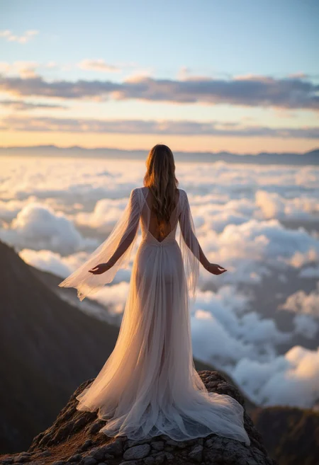 On a mountaintop above the clouds, a woman meditates in a gown that reflects the sky's colors. Her hair flows like mist, and ethereal wings made of light extend from her back. Captured in RAW format as "ARW_1234.ARW" using a Sony Alpha 7R V with a 24-70mm f/2.8 lens, emphasizing the serene atmosphere with a soft focus.​
, aidmaHyperrealism, aidmafluxpro1.1, aidmaRealisticPeoplePhotograph