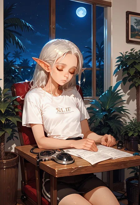 score_9, score_8_up, score_7_up, score_6_up, Frieren, elf ears, , small breasts, t-shirt, working, exhausted, night, plants, table, chair, sleeping, palms on head