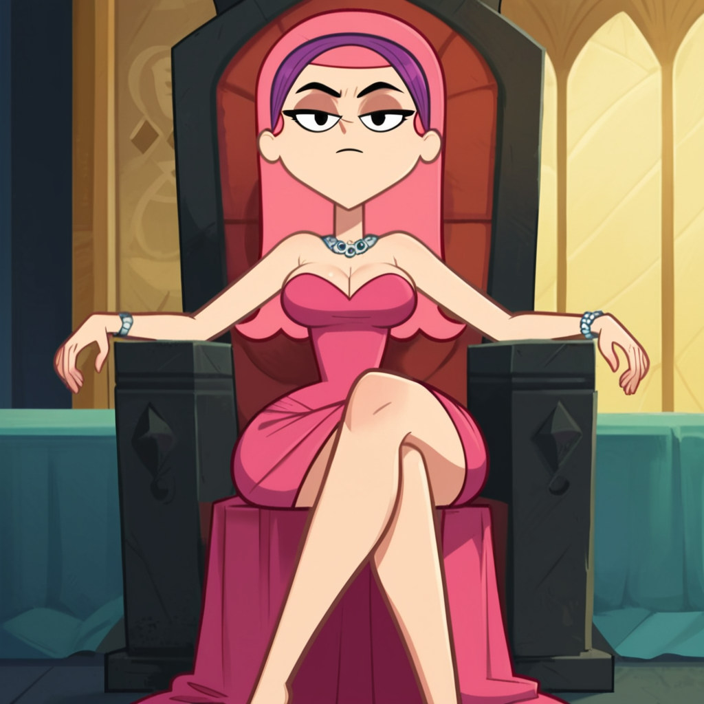 score_9, score_8_up, score_7_up, score_6_up, score_5_up, score_4_up, 1girl, solo, pink hair, long hair, headband, large breasts, narrow waist, wide hips, looking at viewer, sitting, throne, dress, evening gown, jewelry, crossed legs, highres, high quality, masterpiece,  <lora:Trina_Riffin:1>