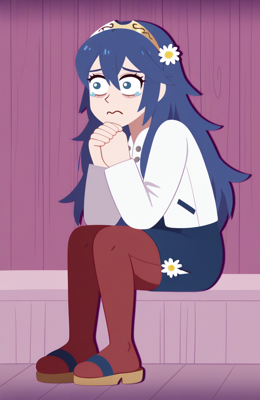 1girl, solo,
lucina \(fire emblem\), blue eyes, blue hair, long hair, spa hostess outfit, light jacket, flared skirt, pantyhose, sandals, flower clip, sitting, head bowed, hands clasped, teary gaze, wistful feeling,
 <lora:GrittySugar:1> grittysugar, extremely detailed, highres, masterpiece, best quality