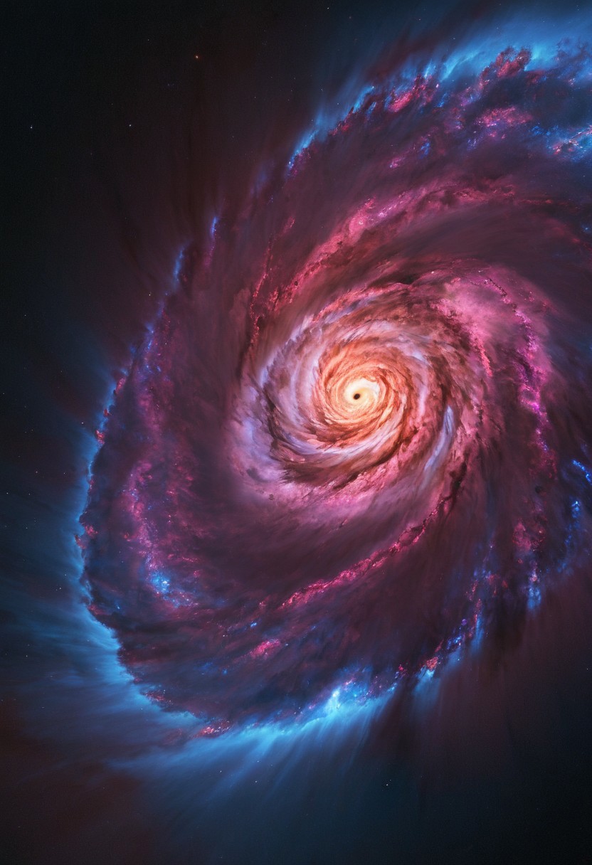 a dynamic and breathtaking image of the universe with vibrant colors and dramatic lighting. Show a swirling nebula in the foreground with bright, intense hues of blue, purple, and pink. In the background, depict a distant galaxy with spiraling arms and scattered stars. Include a supernova explosion, radiating brilliant light, and a mesmerizing black hole at the center, with cosmic debris swirling around it. Add a hint of distant planets and asteroids to create a sense of scale and depth. Make the entire scene feel alive and constantly in motion.