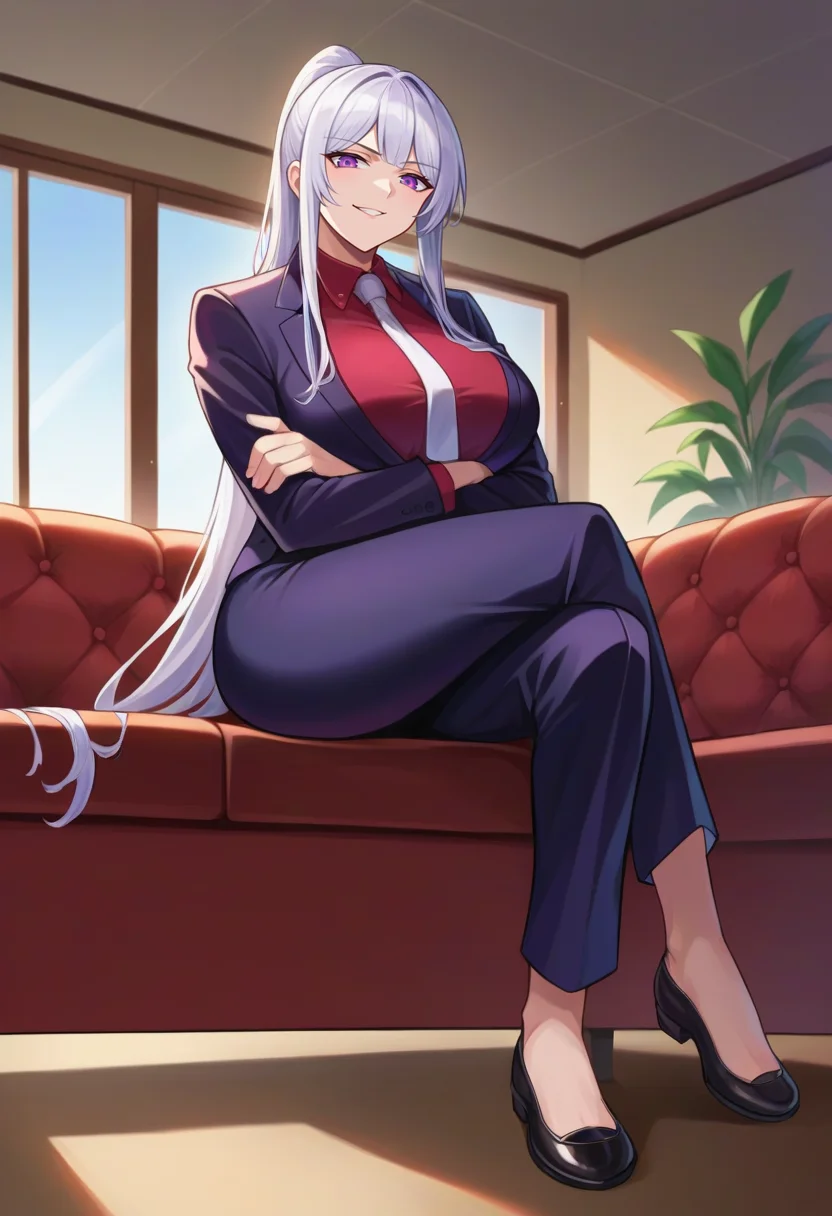 score_9, score_8_up, source_anime BREAK solo, 1girl, looking at viewer, full body,
<lora:Ak12PdxlDwnsty-000008:1>, ak12suit, purple eyes, white hair, ponytail, sidelocks, long hair, red shirt, white necktie, collared shirt, formal, business suit, black jacket, black pants, black shoes,
curvy, large breasts, serious, smirk,
indoors, living room, couch, on couch, crossed legs, crossed arms, from below,