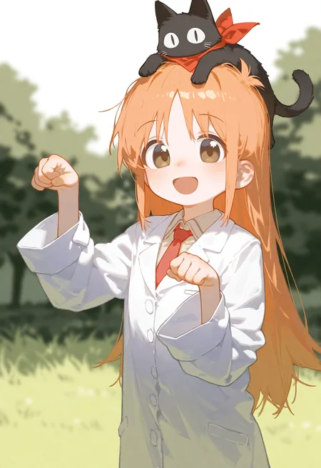 E_0x0194_type5,
1girl, solo, long hair, looking at viewer, blush, smile, open mouth, shirt, long sleeves, brown eyes, white shirt, upper body, :d, outdoors, necktie, collared shirt, orange hair, blurry, blurry background, animal, cat, red necktie, paw pose, lab coat, bandana, on head, black cat, animal on head, red bandana
, masterpiece, best quality, good quality,
<lora:ai_styles_collection_noob_vpred-1.0-v5:1>