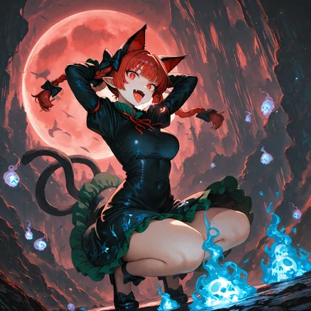 munakata_(sekimizu_kazuki), hamada_yoshikazu,negative space, cinematic shot, masterpiece, highres, absurdres, newest,  wide shot, ,slimes_skullwm,made of skulls,kaenbyou_rin, touhou, 1girl, pink_hair, red_eyes, solo,animal_ears ,black_bow, black_dress , braid,breasts, cat_ears , dress,extra_ears, fang ,frilled_dress ,frills, hair_bow ,large_breasts ,long_eyelashes  ,long_sleeves ,looking_at_viewer ,multiple_hair_bows, pointy_ears ,red_bow , red_hair, slit_pupils, smil,tight_clothes ,tight_dress, twin_braids ,fang, crazy_eyes ,crazy_smile ,hands behind head, arms up, squatting, tongue, tongue_out , saliva,saliva_trail ,saliva_drip ,open mouth,
<lora:SlimesSkullWM:1> <lora:ponyv5_noobE11_1_adamW:0.7> <lora:illustrious_noobai_epsilon_pred_11_very_aesthetic_v1:0.7> , <lora:kaenbyou_rin_image6792_2023-12-20:0.6>