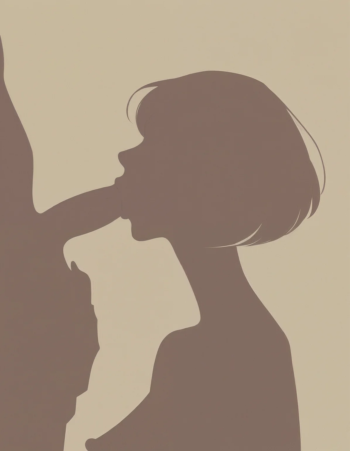 score_9_up, score_8_up, score_7_up, score_6_up, score_5_up, score_4_up, minimalistic style, no lineart, flat colors, 1girl, 1boy, blowjob, silhouette, side view, naked, perfect breasts, large nipples, cute face, bob haircut, simple background
