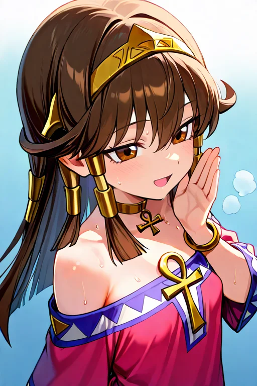 masterpiece, High quality, Ultra detailed, 2d, newest, absurdres, highres, BREAK
1girl, solo, egyptian, <lora:sera:0.8>, sera_(yu-gi-oh!), long hair, brown hair, sidelocks, hairband, hair tubes, jewelry, hair between eyes, brown eyes, choker,
small breasts, seradef, off-shoulder dress, dress, ankh, bracelet,
from above, smile, open mouth, narrowed eyes, sweat, steam, whispering, hand up,