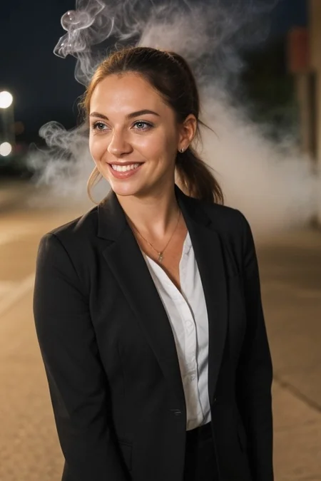 30yo American woman wearing business suit smoking cigarette
Dark black smooth long hair ponytail. smiling.
Looking at camera.
Smoke.
Dynamic varying pose.
Outside bussiness. Night time,
Night time, dark.