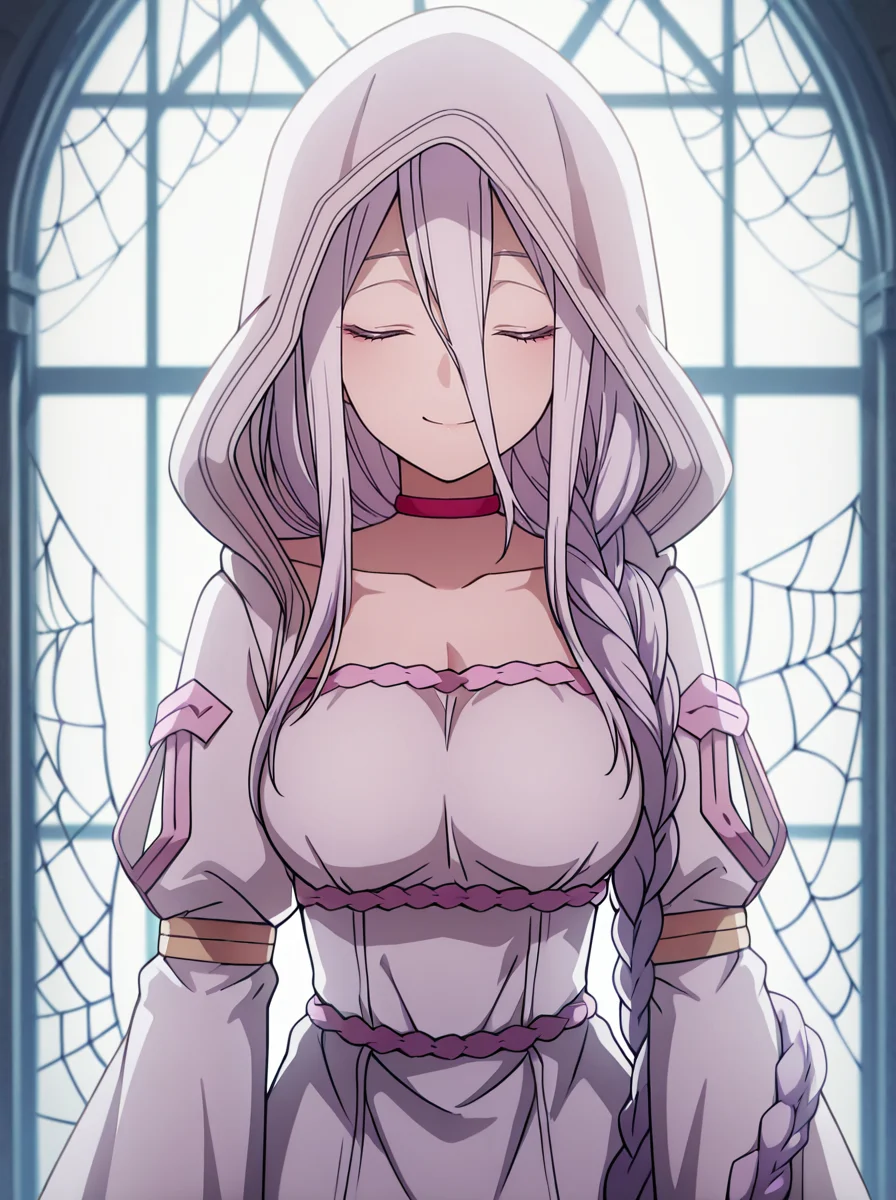 masterpiece, best quality, amazing quality, very aesthetic, absurdres, newest, , anime screenshot, <lora:ShiraoriKumo:1>shiraoriillust, 1girl, long hair, solo, braid, choker, breasts, hood, dress, hair between eyes, single braid, looking at viewer, white dress spider web, closed eyes, smile,