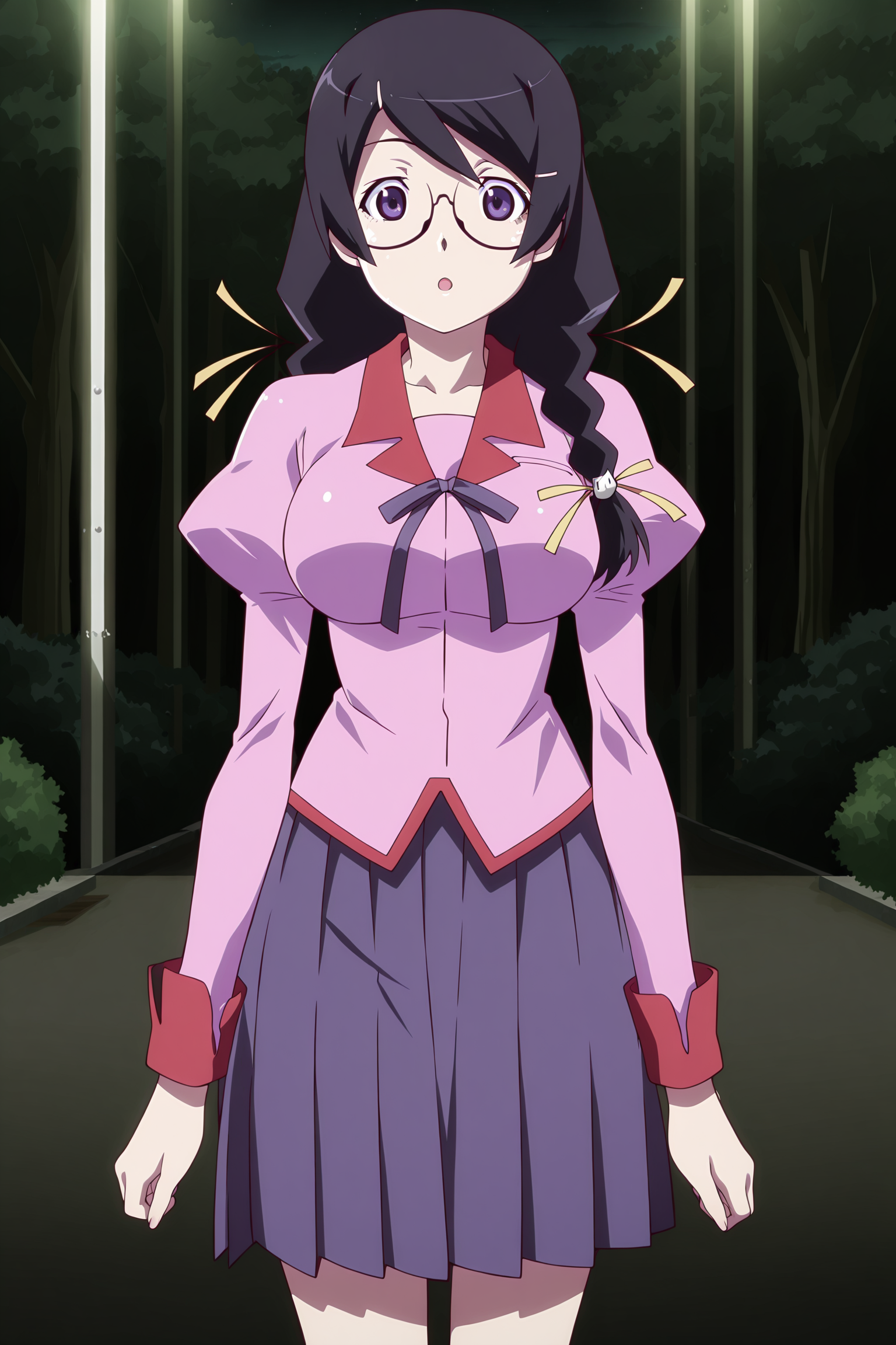 anime screencap, anime coloring, detailed face, masterpiece, best quality, very aesthetic, absurdres, volumetric lighting, official style, amazing quality, ultra detailed,  highres, amazing quality, scenery, beautiful detailed hair, beautiful detailed eyes, 
 <lora:StS-Illustrious-Detail-Slider-v1.0:4>
 <lora:Tsubasa_Hanekawa_and_Black_Hanekawa_Monogatari_Series:1>
outdoors,
Tsubasa pink uniform (outfit), 1girl, solo, naoetsu high school uniform, hanekawa tsubasa, school uniform, glasses, long hair, braid, black hair, twin braids, purple eyes, large breasts, puffy sleeves, juliet sleeves, :O, surprised, cowboy shot, looking at the viewer