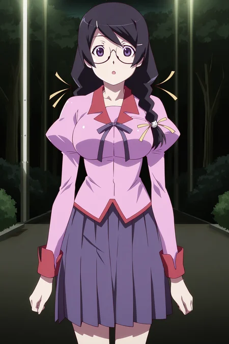 anime screencap, anime coloring, detailed face, masterpiece, best quality, very aesthetic, absurdres, volumetric lighting, official style, amazing quality, ultra detailed,  highres, amazing quality, scenery, beautiful detailed hair, beautiful detailed eyes, 
 <lora:StS-Illustrious-Detail-Slider-v1.0:4>
 <lora:Tsubasa_Hanekawa_and_Black_Hanekawa_Monogatari_Series:1>
outdoors,
Tsubasa pink uniform (outfit), 1girl, solo, naoetsu high school uniform, hanekawa tsubasa, school uniform, glasses, long hair, braid, black hair, twin braids, purple eyes, large breasts, puffy sleeves, juliet sleeves, :O, surprised, cowboy shot, looking at the viewer