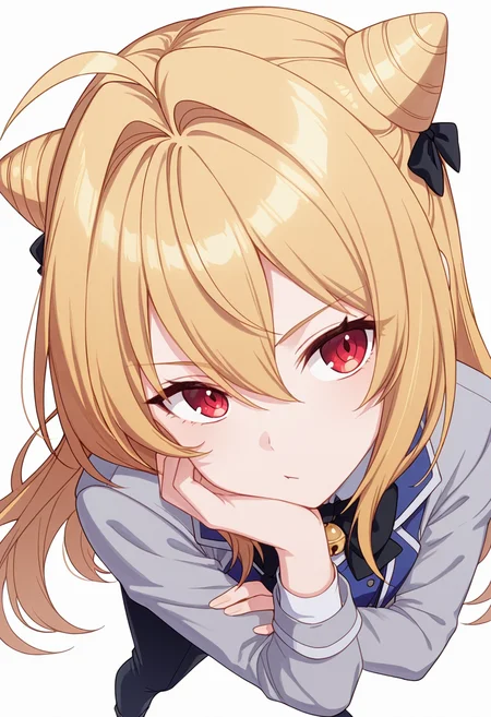 Smooth Quality,masterpiece,very intricate, high quality details, ultra realistic, high detailed skin,detailed enviorement,absurdres,
head rest,
<lora:Terakomari_Gandesblood_CNR:0.8>
terakomari_cnr, 1girl,blonde hair, very long hair,cone hair bun, double bun,ahoge, hair between eyes, hair intakes, red eyes,black bow,, simple background, white background, from above,
standing, arms crossed, head tilt, serious, balanced stance, confident, ,, :/,, button-up vest, ,blazer, ,bell-bottom pants, ,