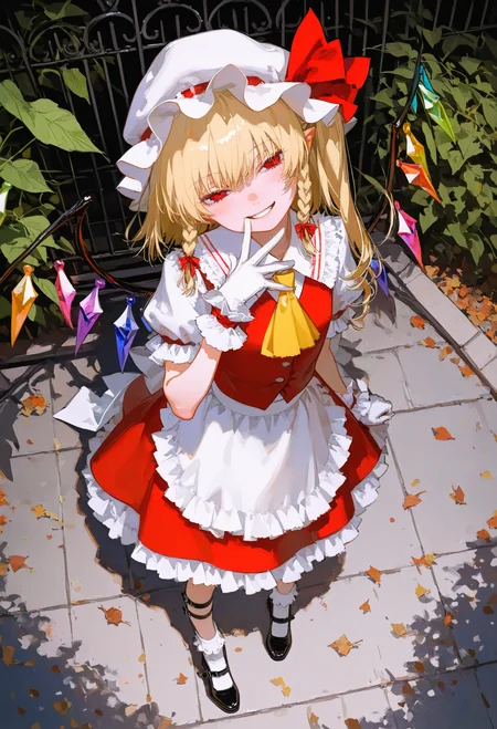 <lora:SDXL\ORIGINAL\add-detail-xl.safetensors:0.5:1.0> <lora:SDXL\Illustrious\ai_styles_collection_noob_eps-1.1_v3.1.safetensors:1.0:1.0> <lora:SDXL\Illustrious\ComfyUI_itercomp_00001_.safetensors:1.0:1.0> <lora:SDXL\Illustrious\96YOTTEA-WAI.safetensors:0.65:1.0>shiny skin, half-closed eyes, (portrait:1.2), solo, POV, from above, (head tilt:1.2), evil grin, 1girl, slender, flandre_scarlet, long_hair, smile, multiple_girls, skirt, blonde_hair, shirt, gloves, hat, dress, bow, ribbon, 2girls, standing, full_body, closed_eyes, white_shirt, braid, white_hair, short_sleeves, hair_bow, pantyhose, outdoors, frills, wings, shoes, socks, puffy_sleeves, white_gloves, medium_hair, black_footwear, yuri, vest, red_bow, high_heels, twin_braids, side_ponytail, red_ribbon, puffy_short_sleeves, wrist_cuffs, maid, maid_headdress, cosplay, ascot, kneeling, thigh_strap, blue_dress, red_skirt, leaf, white_headwear, one_side_up, traditional_media, mob_cap, hat_ribbon, frilled_skirt, white_bow, plant, white_socks, hat_bow, skirt_set, mary_janes, maid_apron, crystal, fence, petticoat, yellow_ascot, red_vest, bridal_garter, back_bow, bush, bobby_socks, garden BREAK (rolua:1.2), (rella:1.15), (yoneyama mai:1.1), au \(d elete\),masterpiece, absurdres, aesthetic, best quality,[:dark theme:15],realistic, newest, very awa, highres, absurdres, detailed, hyper-detailed, year 2024, year 2023,
