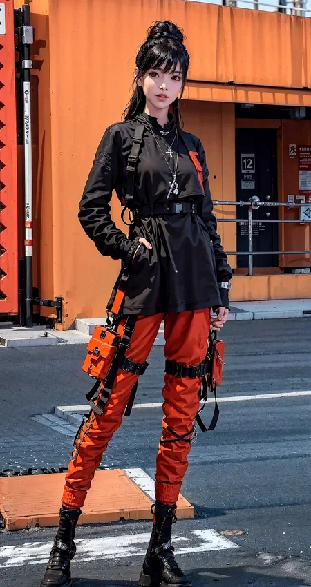 (original: 1.2), (far shot), (realistic: 1.3) (mixed Korean), masterpiece, best quality, beautiful clean face, fullbody, 1girl, teenager, wearing black techwear jacket and orange trousers with buckle and tape, (crystal necklace), posing for a picture, (red braided bun), long legs, big happy warm smile, on the street <lora:urbansamuraiv3testing:0.8> ulzzang-6500-v1.1 <lora:koreanDollLikeness_v15:0.2>
