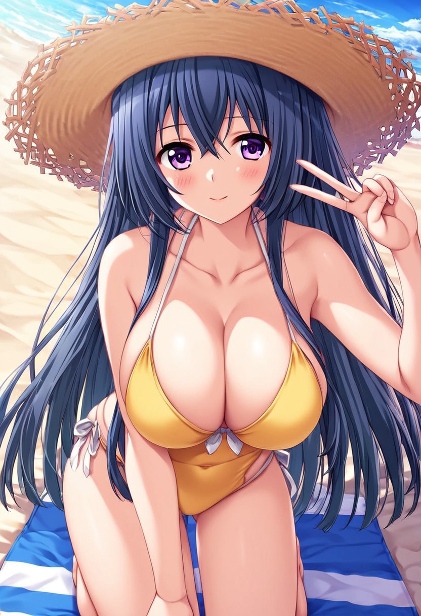 4k resolution, masterpiece, absurdes, highly detailed, highres, high quality, best quality, score_9_up, score_8_up, score_7_up, score_6_up, anime_source, source_anime, anime coloring, high resolution, detailed face, best quality, detailed eyes, High-resolution portrait, sharp detail, subtle blush, vivid eyes with subtle highlights, masterpiece, source_anime, anime style, cowboy shot, rare view, 
Break, 
1girl, Otowa Kanade, solo, solo focus, looking at viewer, long hair, dark blue hair, intake hair, side hair, spiky bangs, v bangs, violet eyes, tareme, breasts, large breasts, pale, slim, sexy, curvy, voluptuous, brimmed hat, yellow swimsuit, cleavage, reserved expression, closed mouth, kneeling, relaxed posture, neutral stance,
Break,
outdoor, beach, ocean, sand, beach towel, bright blue sky, sunlight, natural lighting,