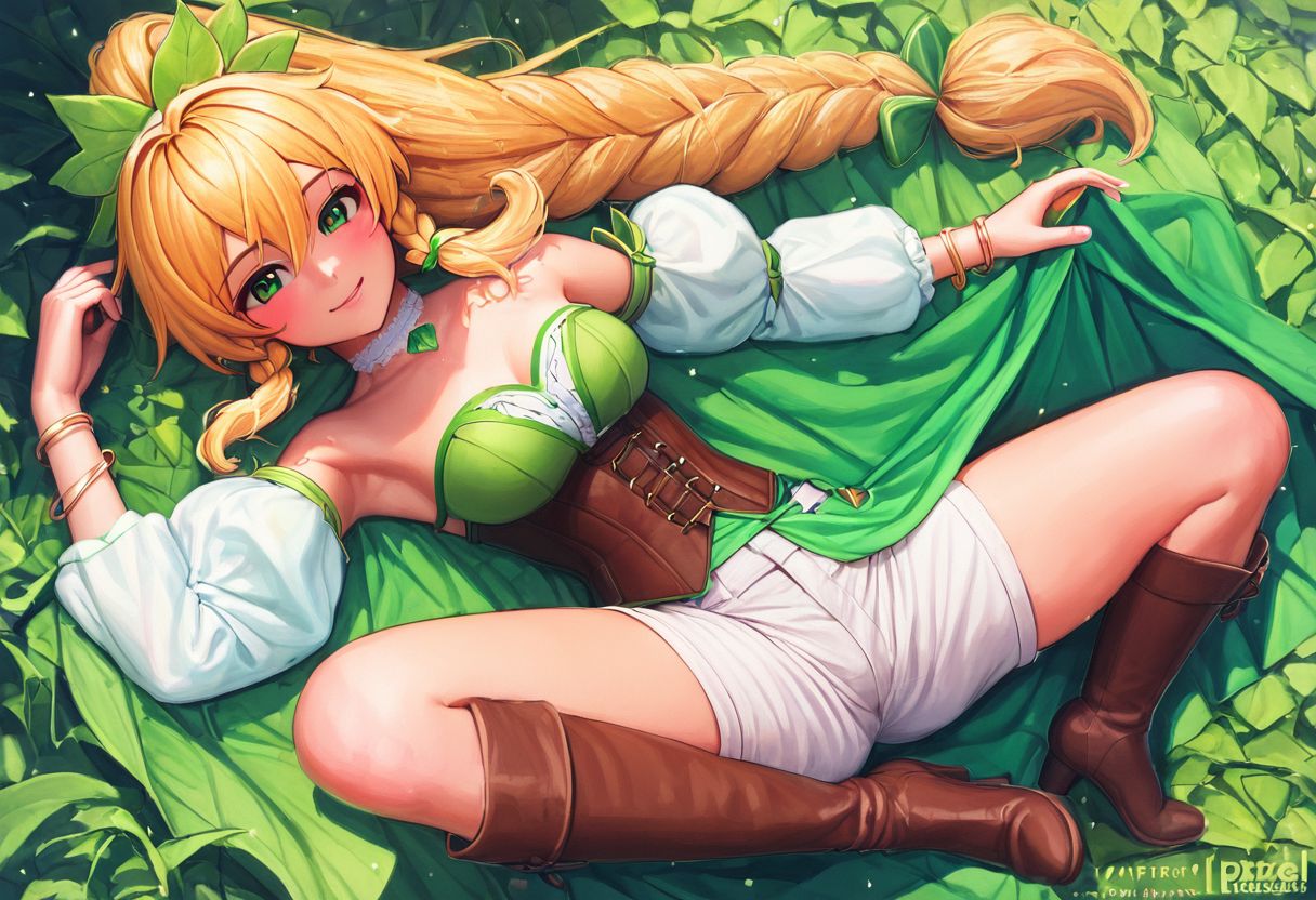 <lora:PixelSketcher:1>, pixelsketcher, - (masterpiece, best quality), 1girl, collarbone, {{Blonde}},{{Blonde hair colour}}, {{long hair}}, {{short twin braids}},{{ponytail hair}},{{green eyes},leafa,1girl
hair ornament, white shirt, green dress, green puffy sleeves, white detached sleeves, brown corset, white shorts, green waist cape, white kneehighs, brown knee boots, white choker, bracelet