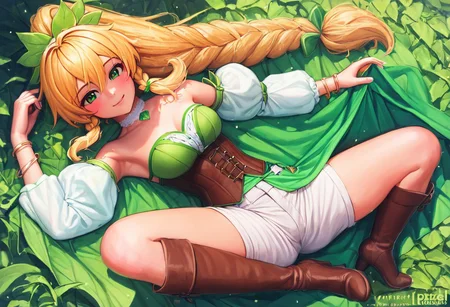 <lora:PixelSketcher:1>, pixelsketcher, - (masterpiece, best quality), 1girl, collarbone, {{Blonde}},{{Blonde hair colour}}, {{long hair}}, {{short twin braids}},{{ponytail hair}},{{green eyes},leafa,1girl
hair ornament, white shirt, green dress, green puffy sleeves, white detached sleeves, brown corset, white shorts, green waist cape, white kneehighs, brown knee boots, white choker, bracelet