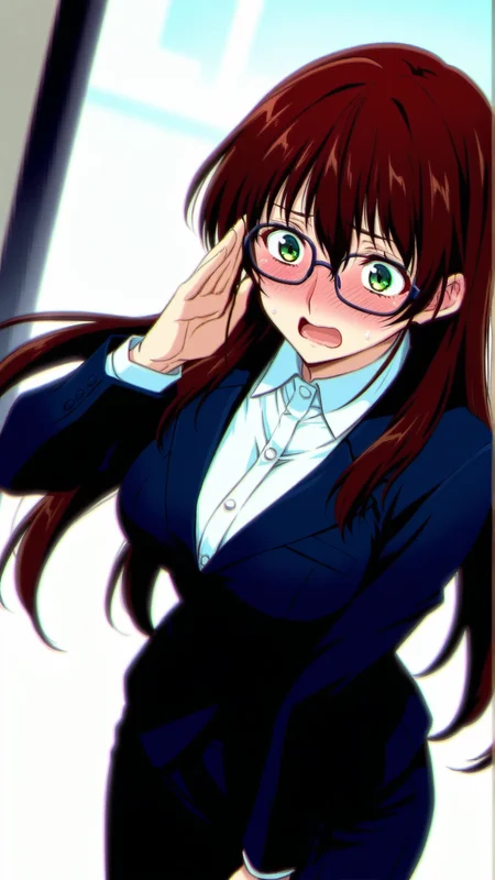 source_anime, genral, best quality, masterpiece, 1girl, <lora:Suzune_Saijo_ill_v1.0:1> suzune_saijo\(srw\),green eyes,brown hair, long hair , business suit, glasses, flustered, embarrassed, dynamic pose, dutch angle, cowboy shot,