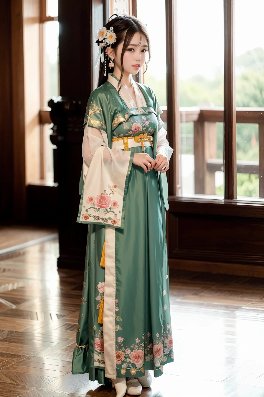 (best quality, masterpiece:1.1), (realistic, photo-realistic:1.1), cute, dating, (nose blush), (closed mouth) small breasts, beautiful detailed eyes,<lora:koreanDollLikeness_v15:0.2>,<lora:japaneseDollLikeness_v10:0.1>,<lora:hanfu_v29:0.75>,( full body:1.2), 1girl, tang style outfits,  tang hanfu, under shan, chest ru skirt