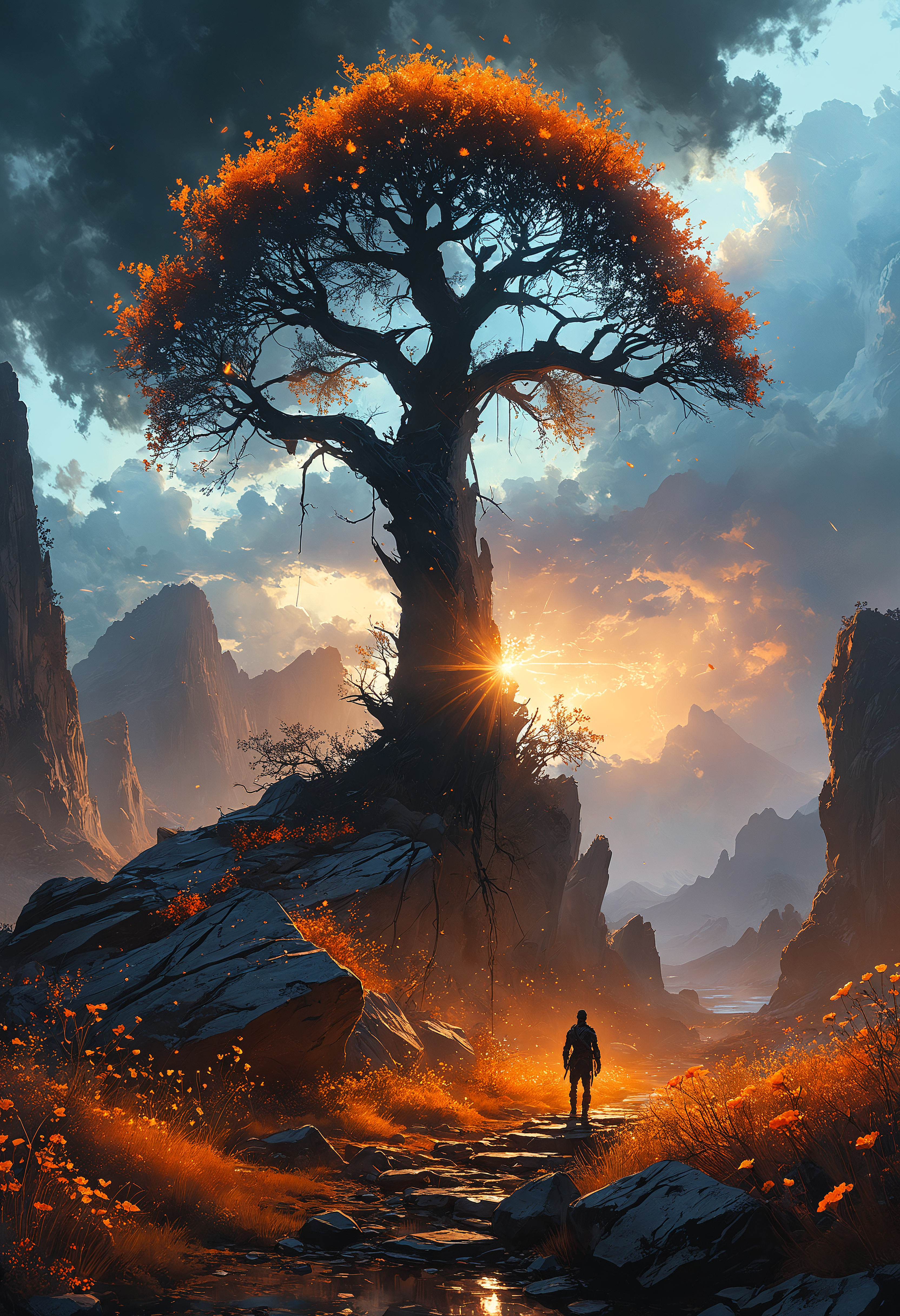 concept art In a forsaken world where darkness reigns supreme, the landscape is marked by jagged rocks and skeletal remains of trees, a testament to a long-lost era of life and prosperity. The sky is a blanket of deep, oppressive clouds, but through the sorrow and despair, a singular, bright light cuts through the darkness. This light comes from a patch of glowing flowers that have managed to bloom in the inhospitable terrain, their soft luminescence a stark contrast to the bleak surroundings. Protecting these flowers is a creature of light, its body composed of radiant energy, with eyes that glow like twin stars. This creature, ethereal and almost otherworldly, stands as a guardian of hope, its presence a poignant reminder of resilience and the enduring power of light even in the darkest times<lora:add-detail-xl:1> <lora:MJ52:0.5>  <lora:sss:0.5> <lora:zavy-flrscnc-sdxl:0.3> . digital artwork, illustrative, painterly, matte painting, highly detailed