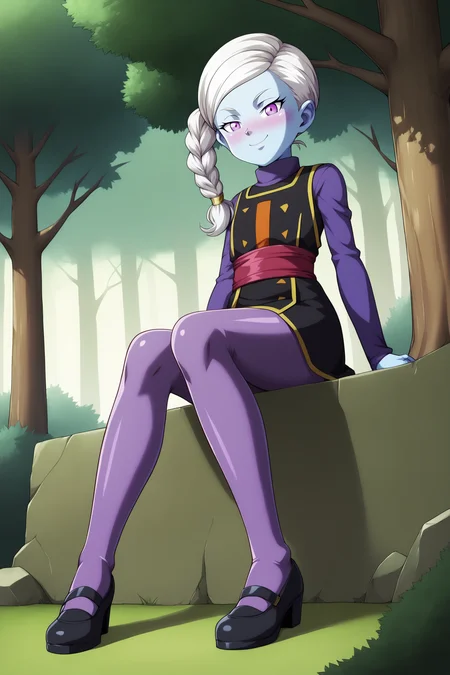 score_9, score_8_up, score_7_up, score_6_up, BREAK, KusuDBSPXL, colored skin, blue skin, purple eyes, white hair, single braid, side ponytail, long hair, flat chest, turtleneck, purple undershirt, long sleeves, black dress, red sash, underskirt, purple skirt, purple pantyhose, black footwear, solo, full body, sitting, ((bellow view)), seductive smile, looking at viewer, naughty face, nose blush, forest, tree <lora:KusuDBSPXL:1>