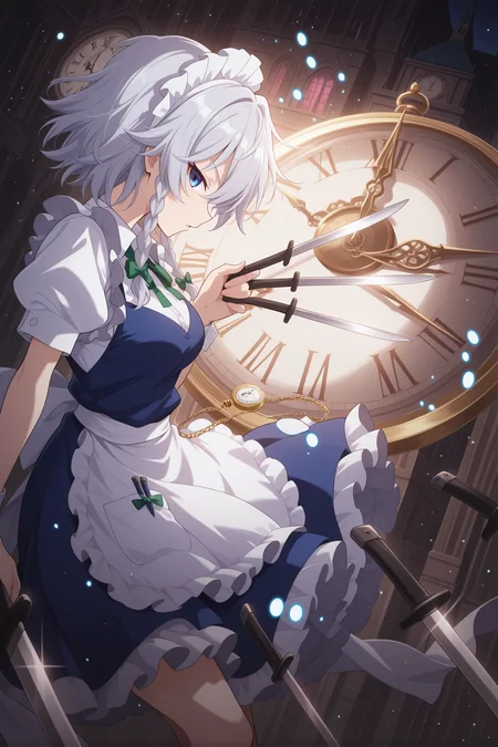 absurdres, highres, masterpiece, best quality, amazing quality, official anime artwork, screencap, anime screencap, looking at viewer, parted lips, dynamic pose, light particles,
clock, clock tower, from side, knife, pocket watch, profile, roman numeral, tower, twin braids, weapon,
<lora:Sakuya-Izayoi_illustrious:1> izayoi sakuya, 1girl, solo, blue eyes, twin braids, medium breasts, maid headdress, apron, puffy sleeves, holding knife, danmaku,