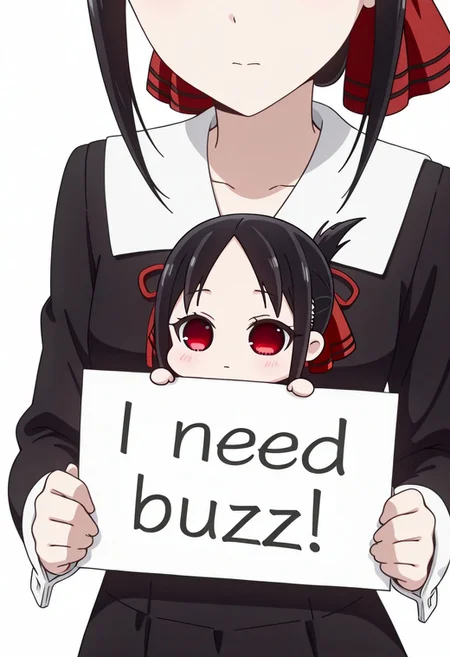 masterpiece, need_buzz, holding sign,chibi,chibi style,
1girl, solo, white background, 1girl, shinomiya kaguya, solo, black hair, red eyes, ribbon, hair ribbon, folded ponytail, shuuchiin academy school uniform, black dress, collared dress, neck ribbon, long sleeves,close up