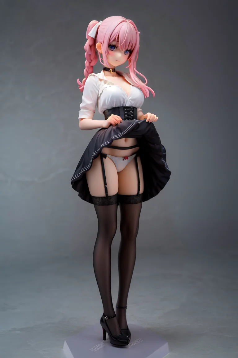 masterpiece,best quality,figma,1girl,medium breasts,(masterpiece, best quality, unity 8k wallpaper, highres, absurdres, background)clothes_lift,male_focus,skirt_lift,1boy,lifted_by_self,feet,otoko_no_ko,skirt,garter_straps,panties,thighhighs,white_legwear,underwear,soles,bow,blue_bow,pink_hair,choker,blush,looking_at_viewer,solo,foot_focus,no_shoes,braid,collar,shirt,white_panties,(NSFW:0.8),
