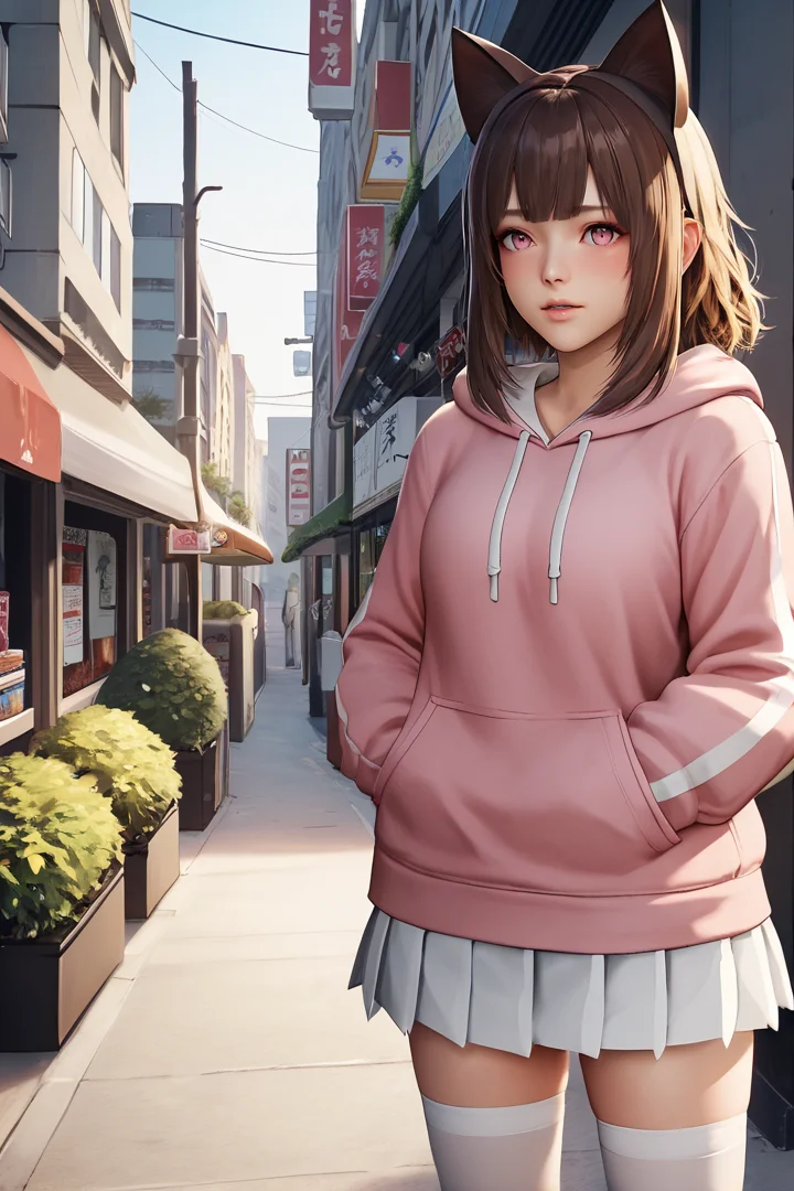score_9, score_8_up, score_7_up, score_6_up, score_5_up, score_4_up, source_anime, 3dr7, brown hair, medium hair, fluffy hair, blunt bangs, pink eyes, pink hoodie, white pleated skirt, outdoors, shopping strip, volumetric lighting, subsurface scattering, light rays, brown cat ears, white thighhighs
BREAK parted lips, shy, blush, blush, light smile, hands in pockets
<lora:3d-REXstep00001800:1>