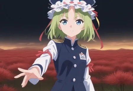 1girl, solo, solo focus, highres, absurdres, shikieiki, green hair, frilled hat, blue eyes, blue headwear, short hair,
long sleeves, black skirt, white shirt, blue vest, red ribbon, epaulettes, small breasts, arm ribbon, buttons, 
looking at viewer, head tilt, 
spider lily, flower field, night sky, red sky, dark, red theme,
