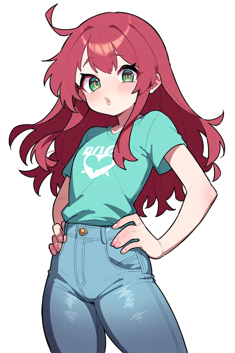 <lora:Cramachina:1>, score_9, score_8_up, score_7_up, score_6_up, score_5_up, rating_questionable, source cartoon
1girl, pretty face, pretty eyes, detailed eyes, HD eyes, thick thighs
hands on hips, standing, cowboy shot
looking at viewer, blush, eyebrows, long hair, red hair, green eyes jeans, green t-shirt, boots, high waisted jeans
simple background, white background