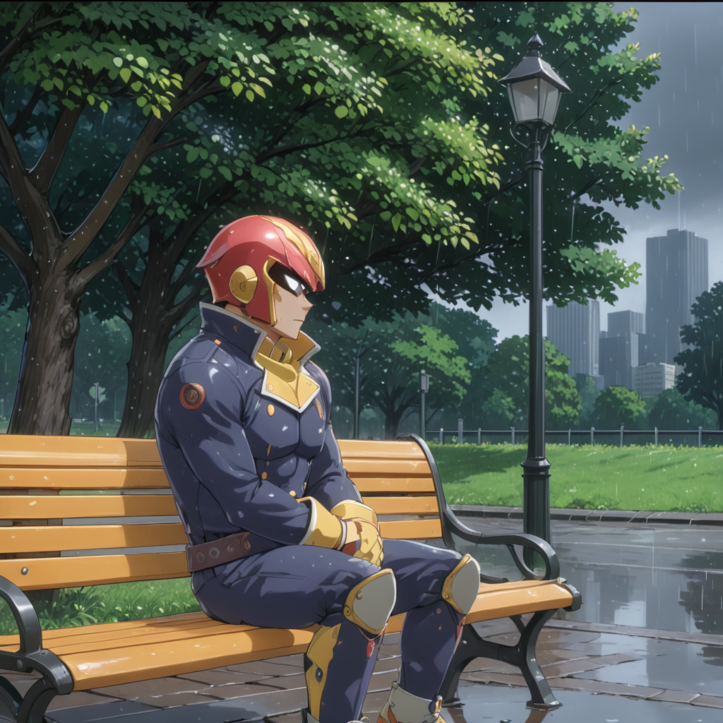 sad man on bench in rain, park, CaptainFalconXL <lora:CaptainFalconXL:.65>, (anime, masterpiece, intricate:1.3), (best quality, hires textures, high detail:1.2), (4k),(incredibly detailed:1.4),UHD, 8K, ultra detailed