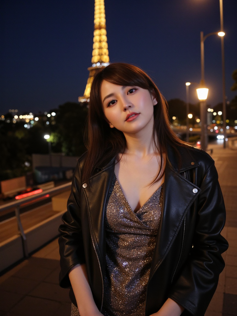 There are wonderful studio lights and various reflections,
18yo beautiful cute girl with blushing and female orgasm.skin naturally showing the texture of blood vessels and detailed pale skin,
--,
<lora:Masami_Nagasawa_f1:0.9>,she is Masami Nagasawa, Scene: The Eiffel Tower looms majestically in the background, illuminated by soft, ambient lights. The scene captures the romance and grandeur of Paris.Lighting and Style: The evening light casts a gentle glow on her dress, highlighting the sequins and the texture of the leather jacket. The image is captured in a hyper-realistic style, emphasizing the contrast between her glamorous attire and the historic landmark.